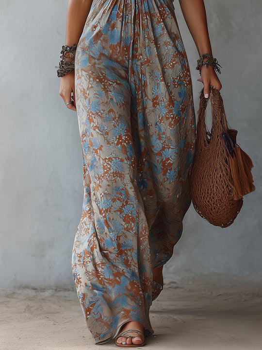Boho Printed Keyhole Neckline Wide-Leg Jumpsuit