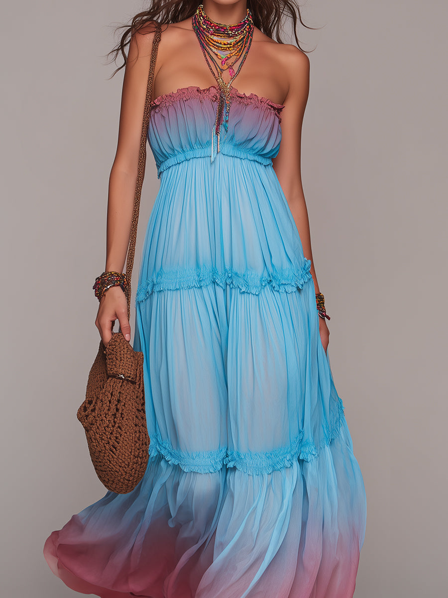 Boho Vacation Strapless Ombré Print Maxi Dress