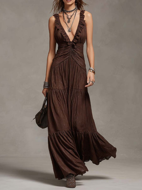 Bohemian Ruffle Ruched Tiered Lurex Knit Maxi Dress