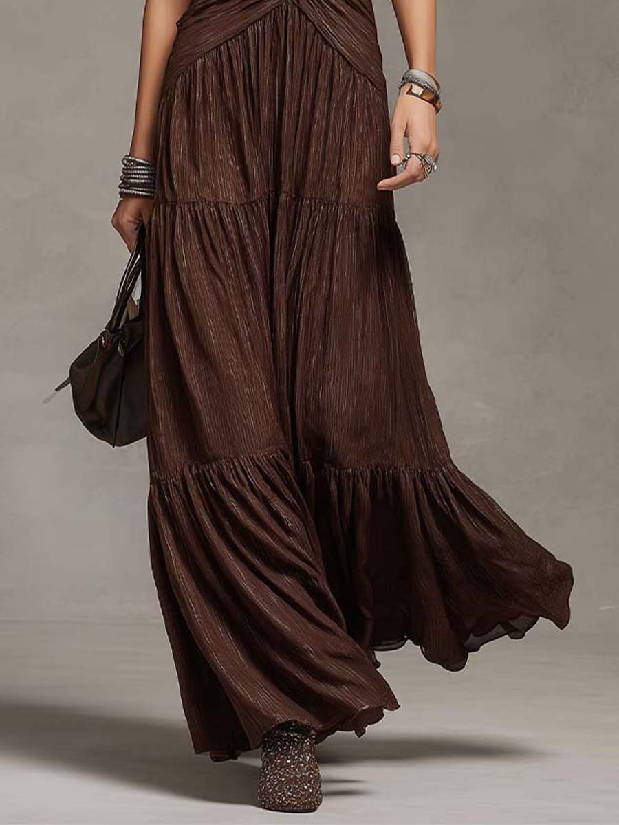 Bohemian Ruffle Ruched Tiered Lurex Knit Maxi Dress