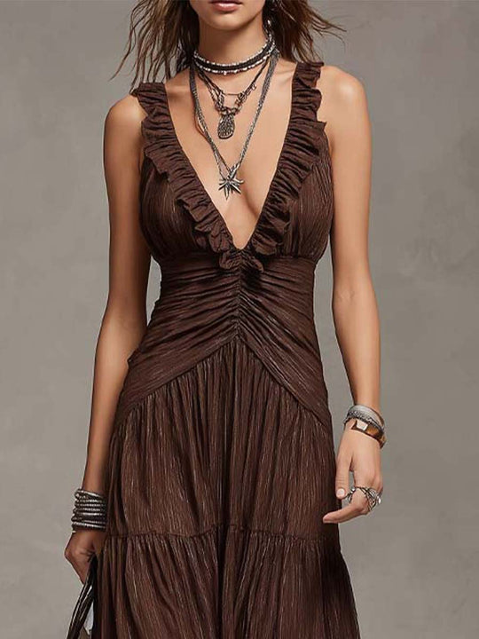 Bohemian Ruffle Ruched Tiered Lurex Knit Maxi Dress