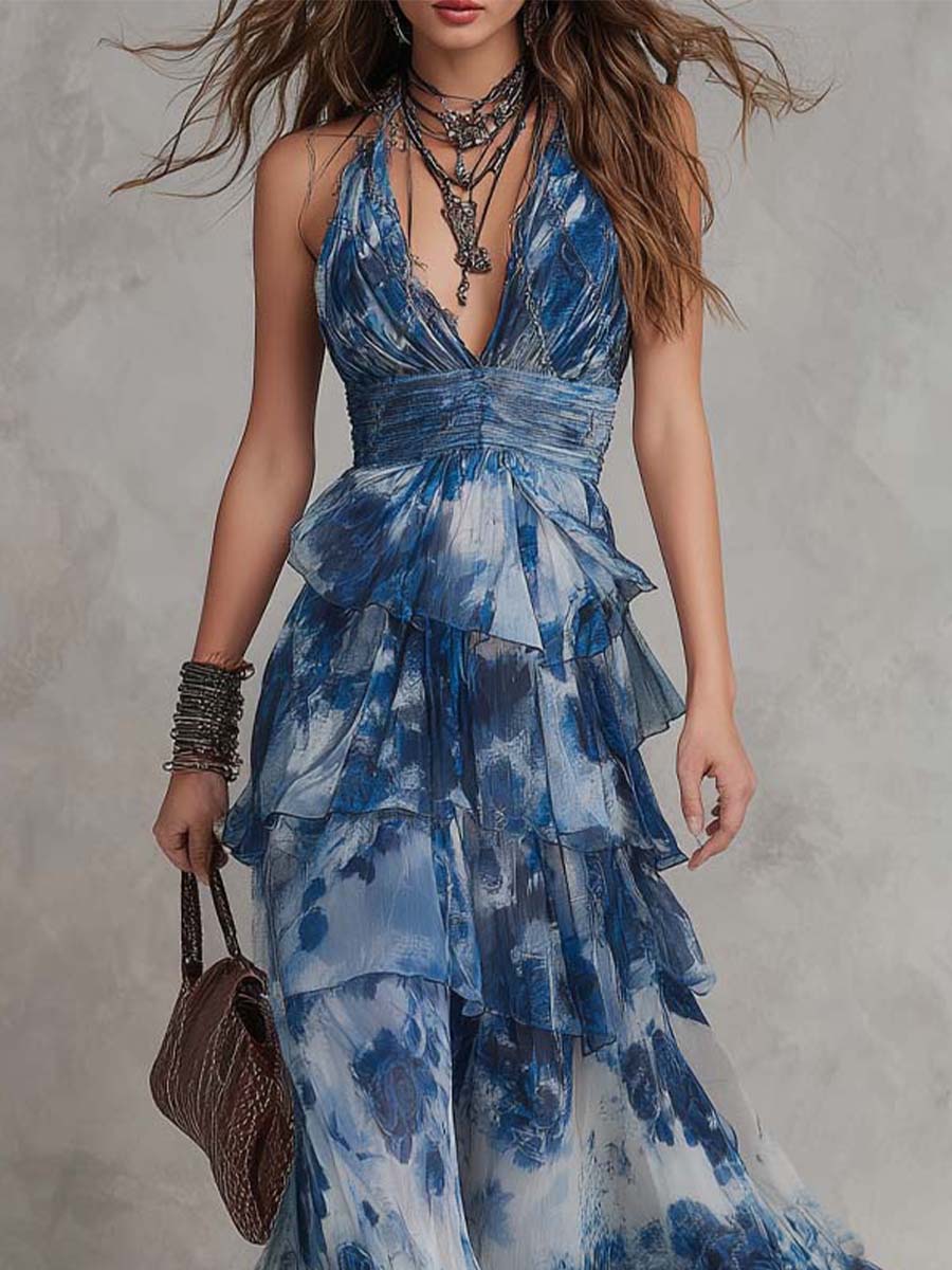 Bohemian Halter Neck Tiered Chiffon Maxi Dress