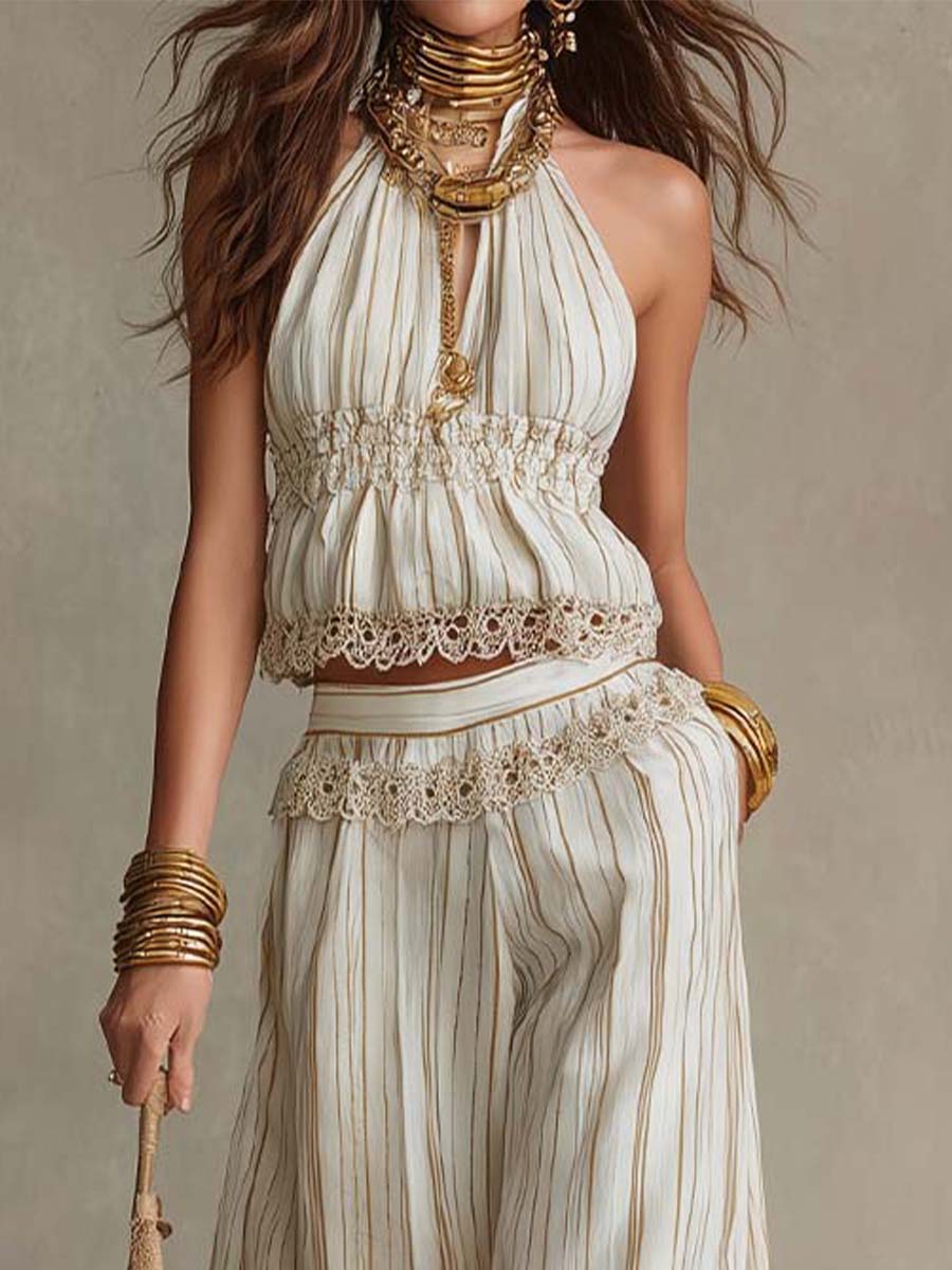 Bohemian Lace-Trimmed Halter Top & Wide-Leg Pants Set