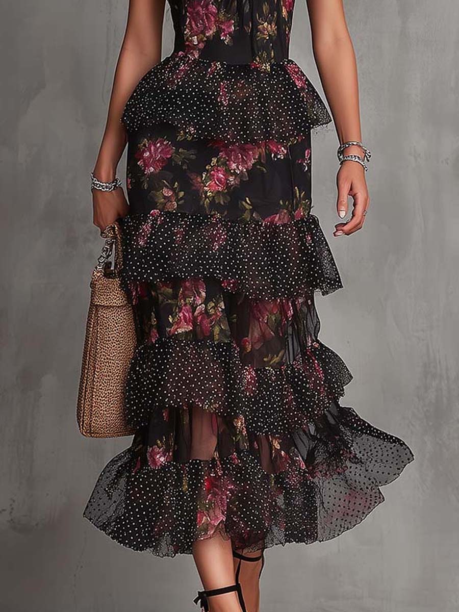 Gothic Floral Swiss Dot Chiffon Ruffle Midi Dress