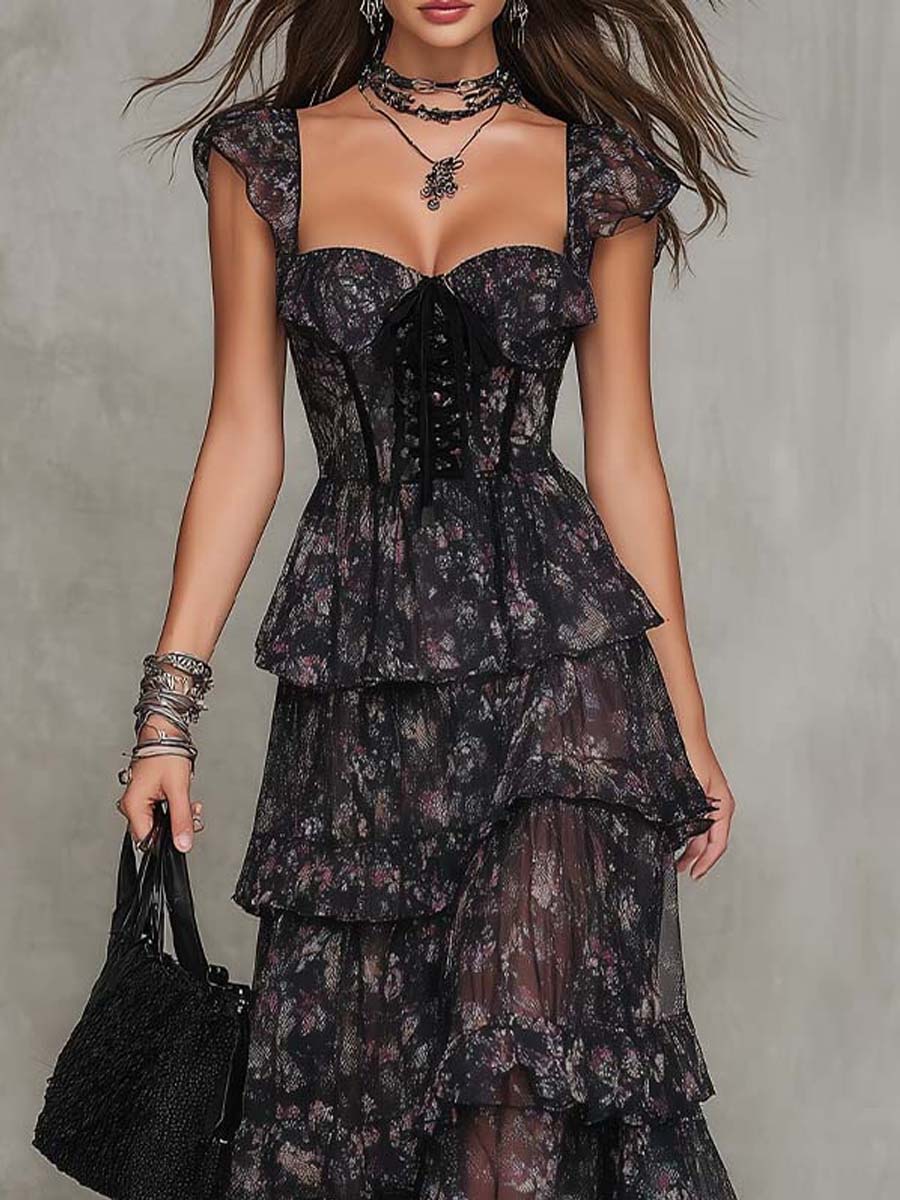 Gothic Floral Corset Tiered Chiffon Midi Dress