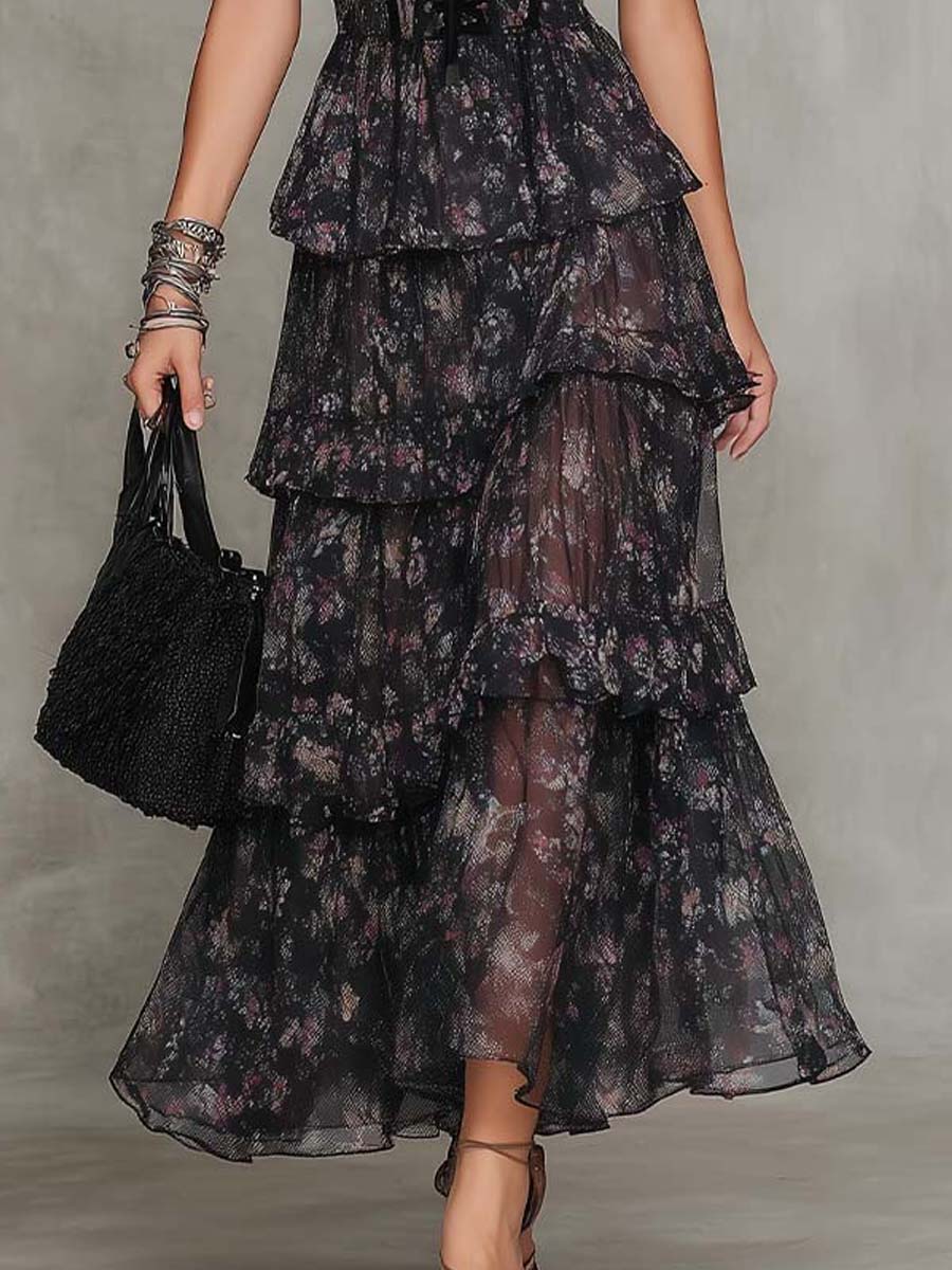 Gothic Floral Corset Tiered Chiffon Midi Dress