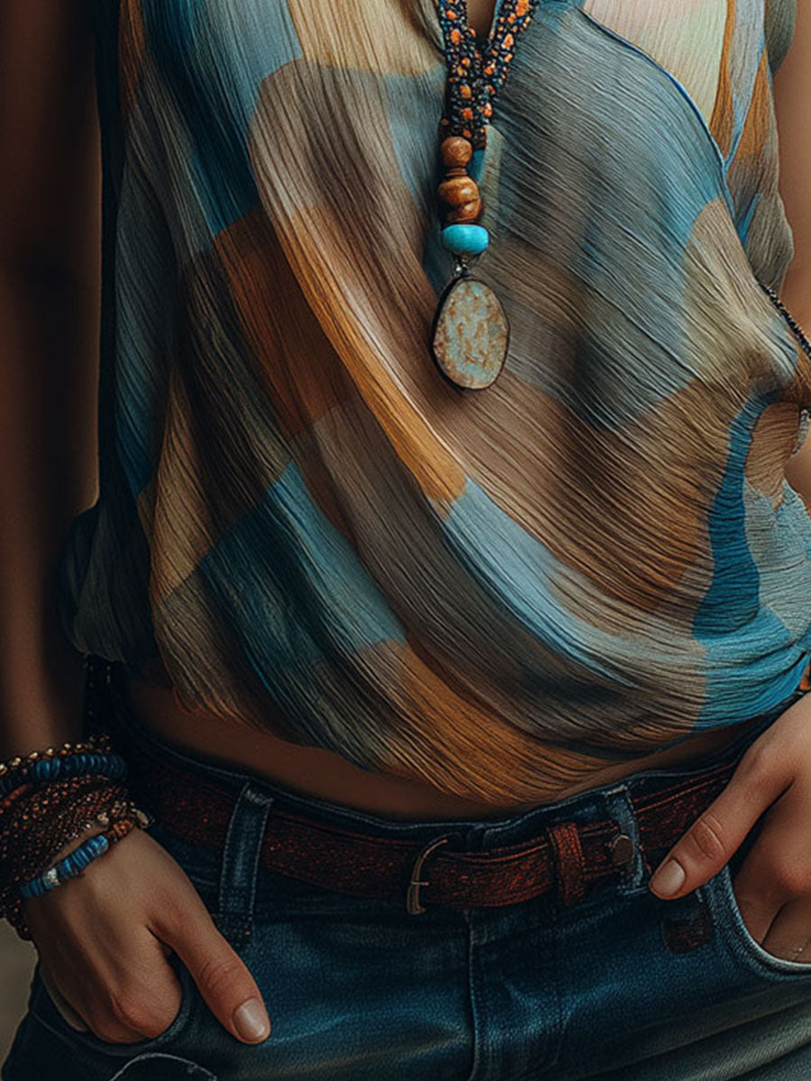 Boho Blue And Amber Chiffon Halter Blouse With Scarf Neck