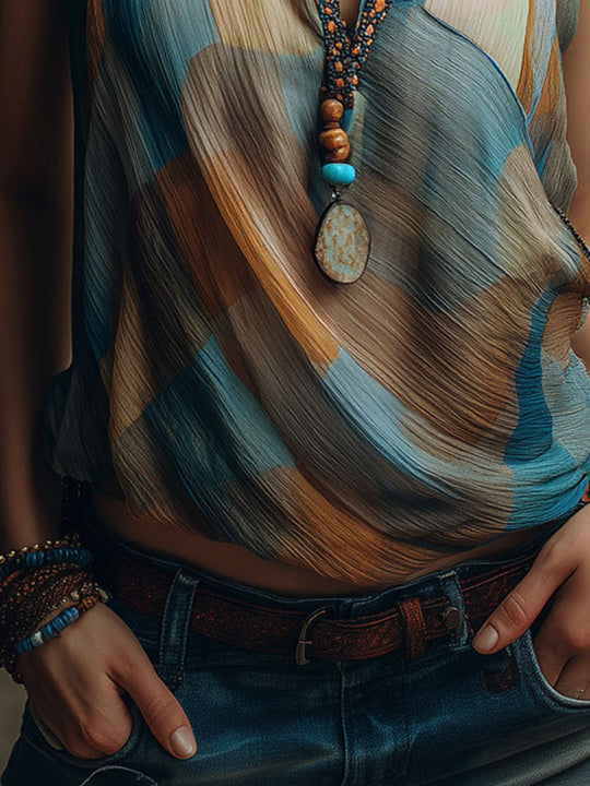 Boho Blue And Amber Chiffon Halter Blouse With Scarf Neck