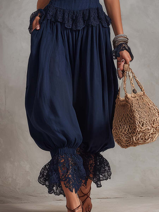 Lace-Trimmed Spaghetti Strap Top Lantern Pants Two-Piece Set