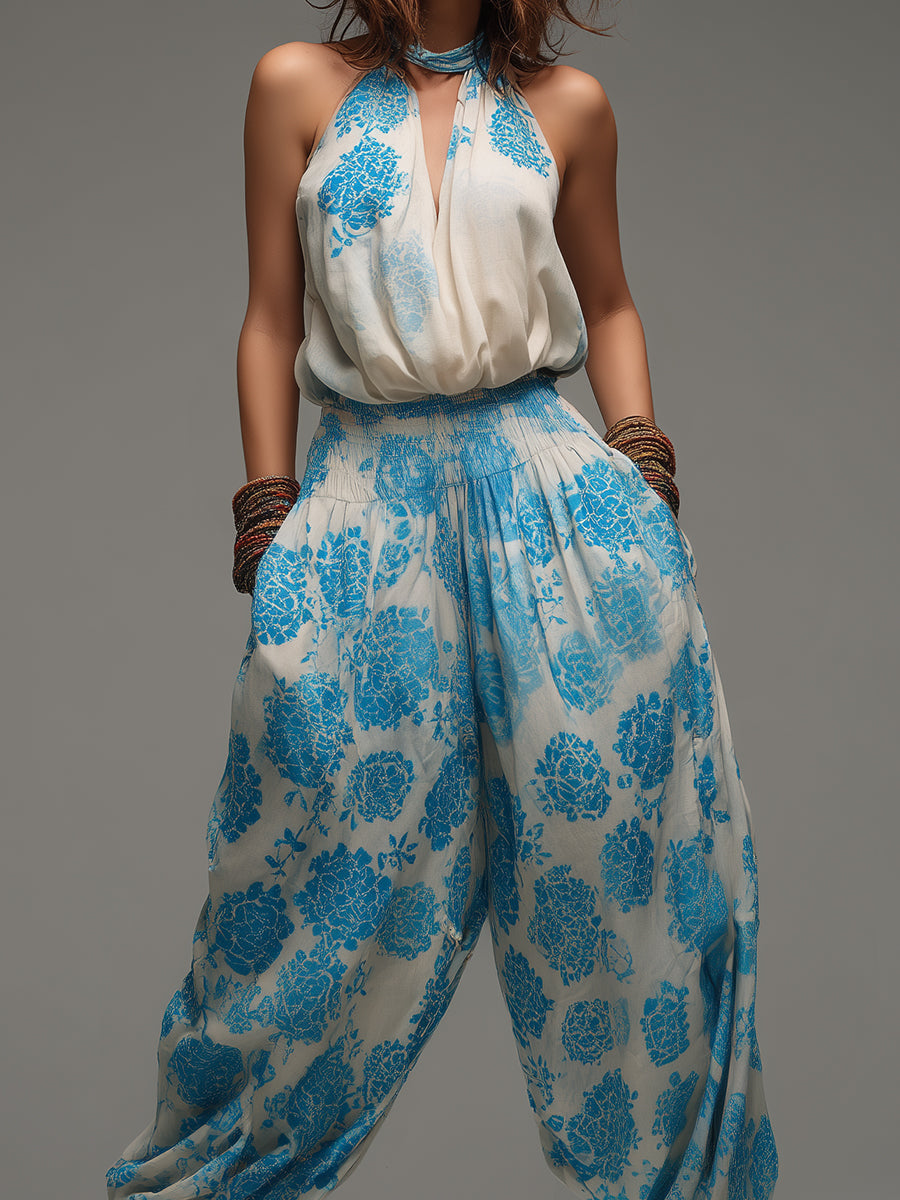 Keyhole-Neck Vest & Shirred Balloon Pants Set