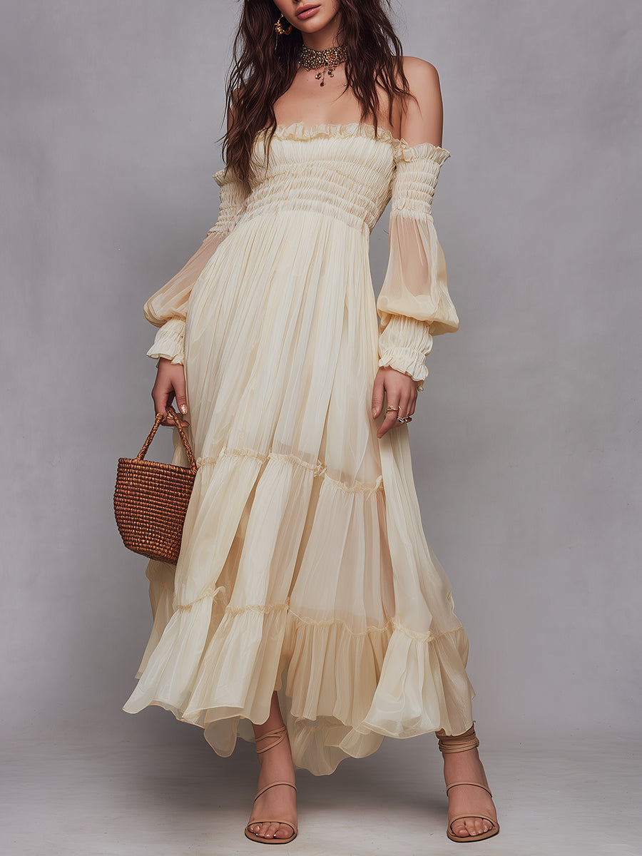Romantic Shirred Off-the-Shoulder Chiffon Maxi Dress