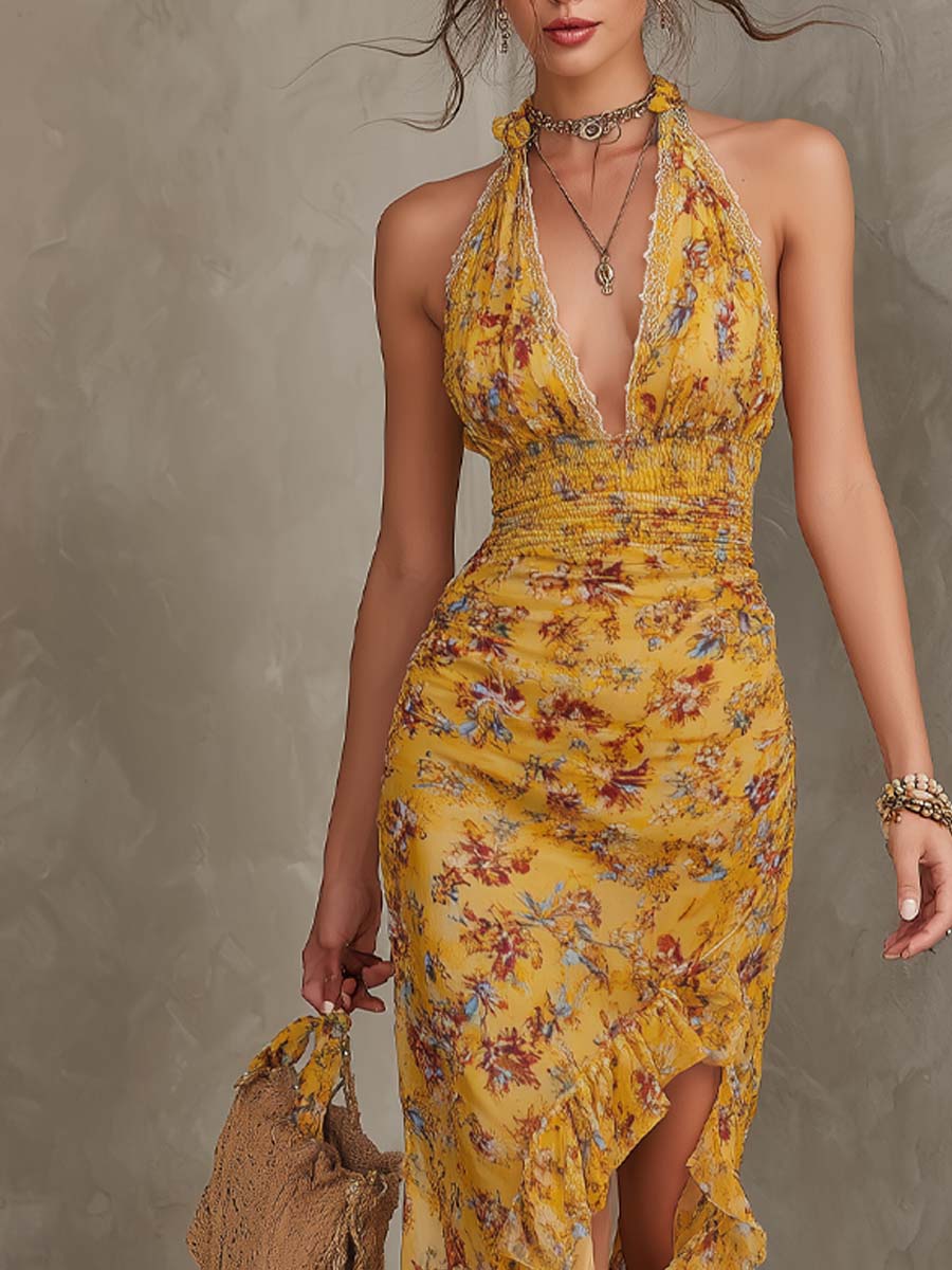 Retro Halter-Neck Smocked Waist Floral Midi Dress