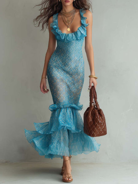 Bohemian Blue Abstract Print Chiffon Mermaid Maxi Dress