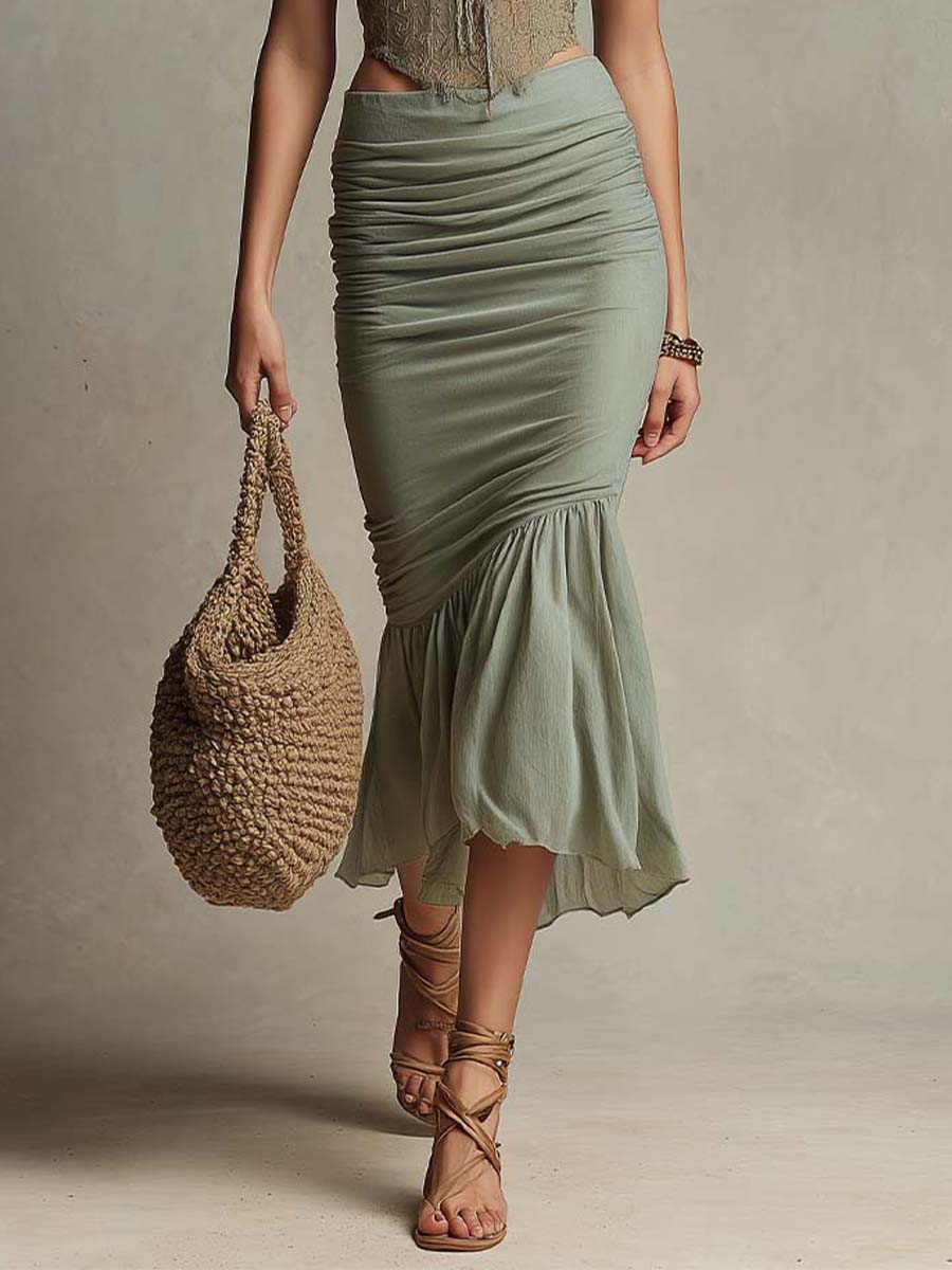 Bohemian Lace Corset & Ruched Cotton-Linen Mermaid Skirt Set