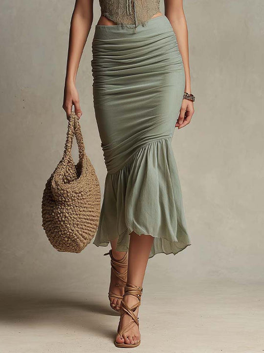 Bohemian Lace Corset & Ruched Cotton-Linen Mermaid Skirt Set