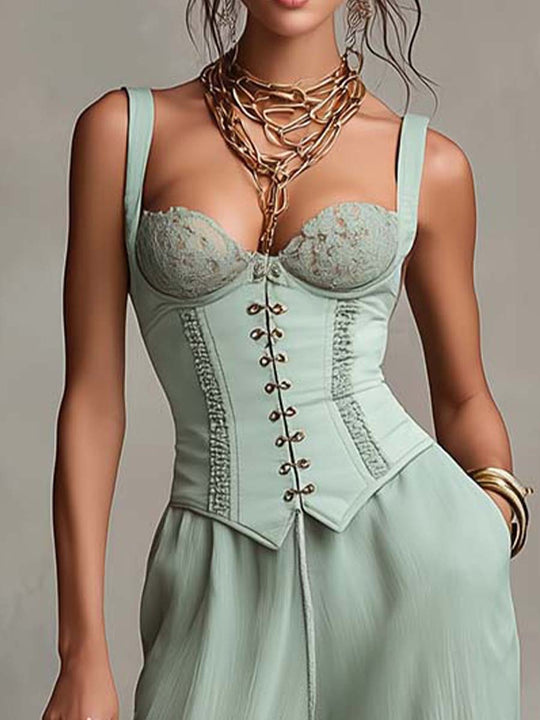 Bohemian Lace Corset & Cotton-Linen Jogger Pants Set