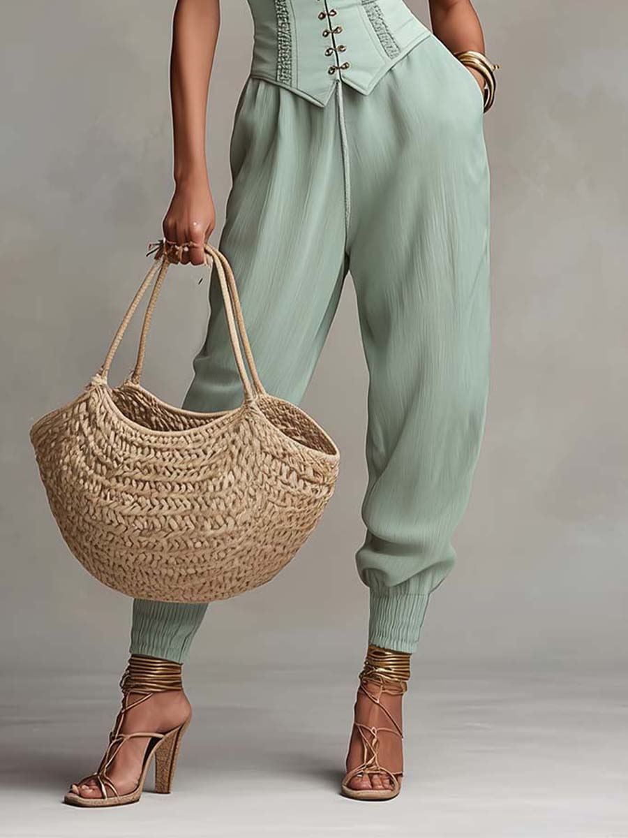Bohemian Lace Corset & Cotton-Linen Jogger Pants Set