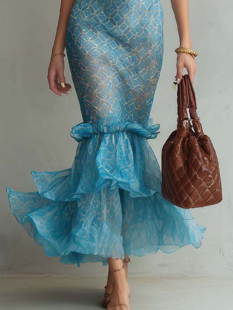 Bohemian Blue Abstract Print Chiffon Mermaid Maxi Dress