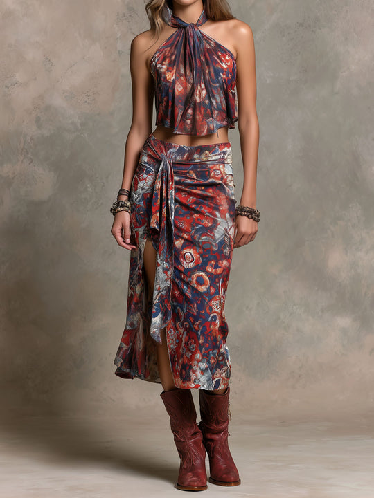 Boho Abstract Print Halter Scarf Top & Tie-Waist Midi Skirt Two-Piece