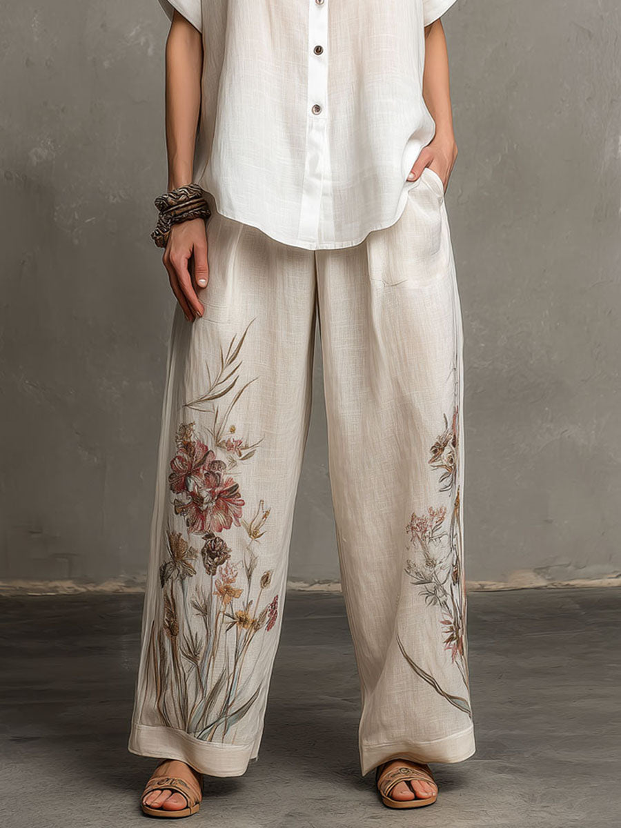 Boho Floral Pattern Blouse And Linen Wide-Leg Pants Two-Piece