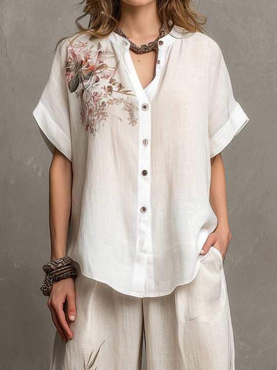 Boho Floral Pattern Blouse And Linen Wide-Leg Pants Two-Piece