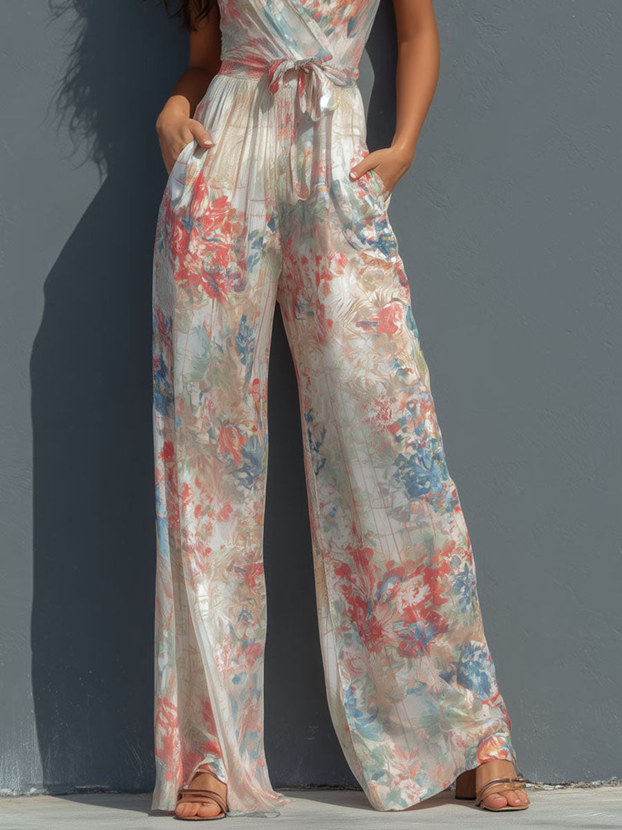 Boho Resort Floral Chiffon Halter Wrap Front Wide-Leg Jumpsuit