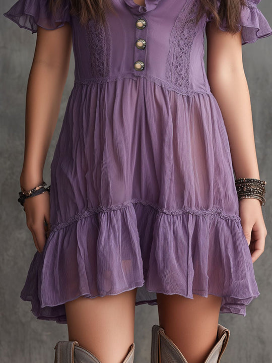 Boho Lavender Puff Sleeve Ruffle Button-Front Chiffon Mini Dress