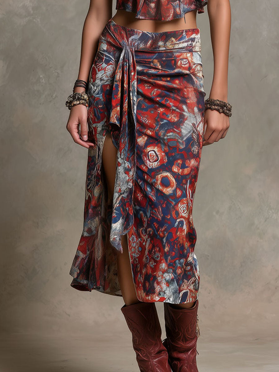 Boho Abstract Print Halter Scarf Top & Tie-Waist Midi Skirt Two-Piece