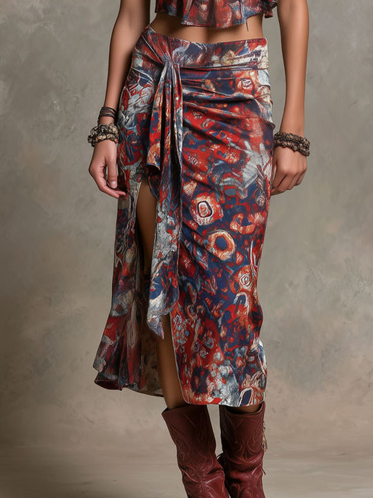 Boho Abstract Print Halter Scarf Top & Tie-Waist Midi Skirt Two-Piece