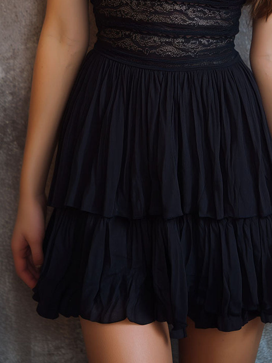 Boho Black Lace Waist Halter Tiered Ruffle Mini Dress