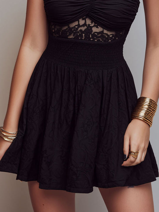 Boho Black Lace Ruched Bodice Smocked Waist Halter Mini Dress