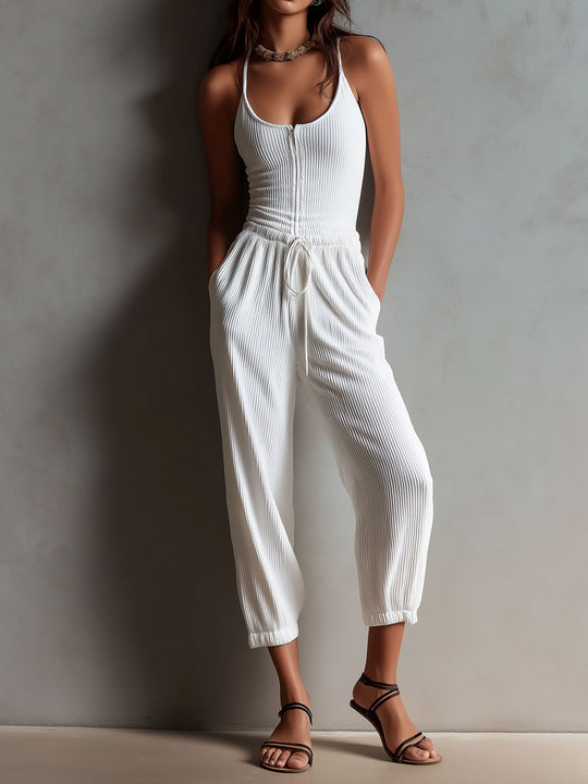 Boho Casual White Ribbed Knit Drawstring Waist Jumpsuit