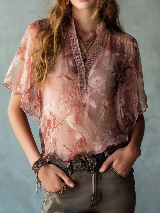 Boho Vintage Rose Print Sheer Chiffon Blouse