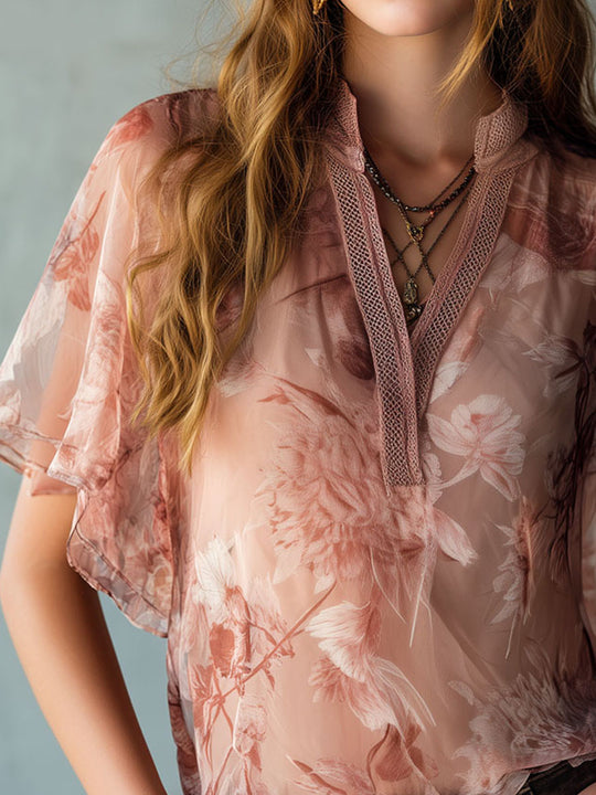 Boho Vintage Rose Print Sheer Chiffon Blouse