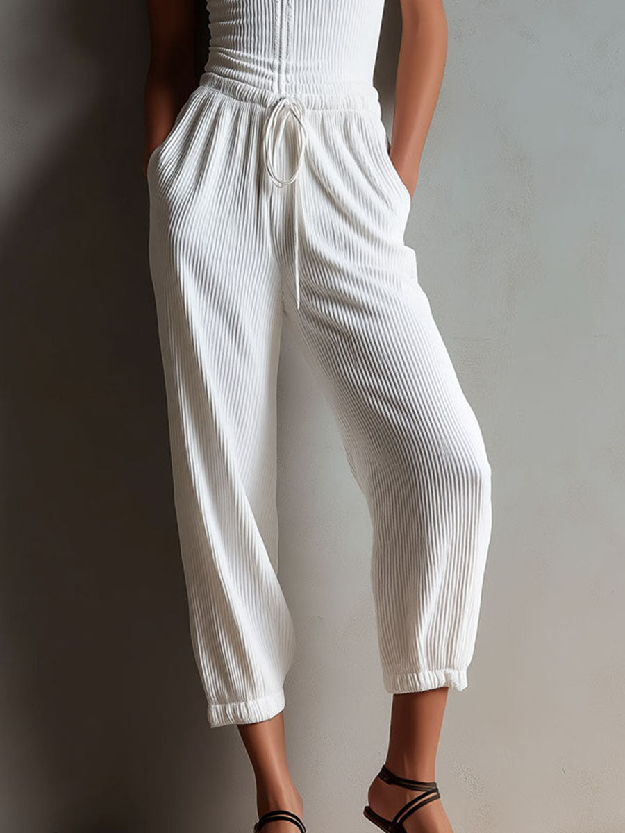 Boho Casual White Ribbed Knit Drawstring Waist Jumpsuit
