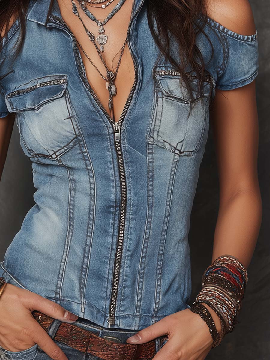 Retro Cold-Shoulder Zip-Up Denim Blouse