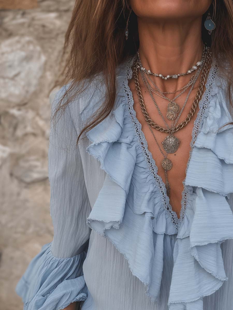 Vintage Ruffle Neck With Lace Trim Pleated Blouse