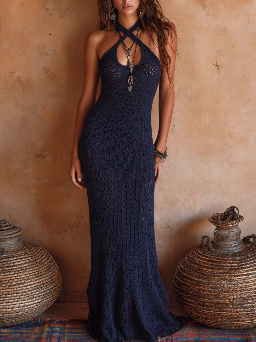 Bohemian Vacation-Style Halter-Neck Open-Knit Midi Dress