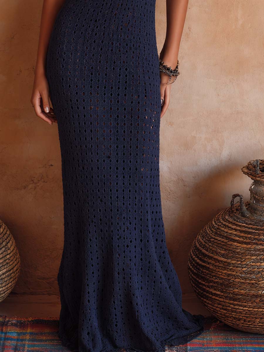 Bohemian Vacation-Style Halter-Neck Open-Knit Midi Dress