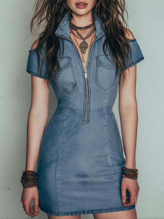 Retro Shoulder Cutouts Washed Denim Mini Dress