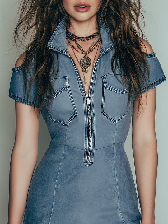 Retro Shoulder Cutouts Washed Denim Mini Dress