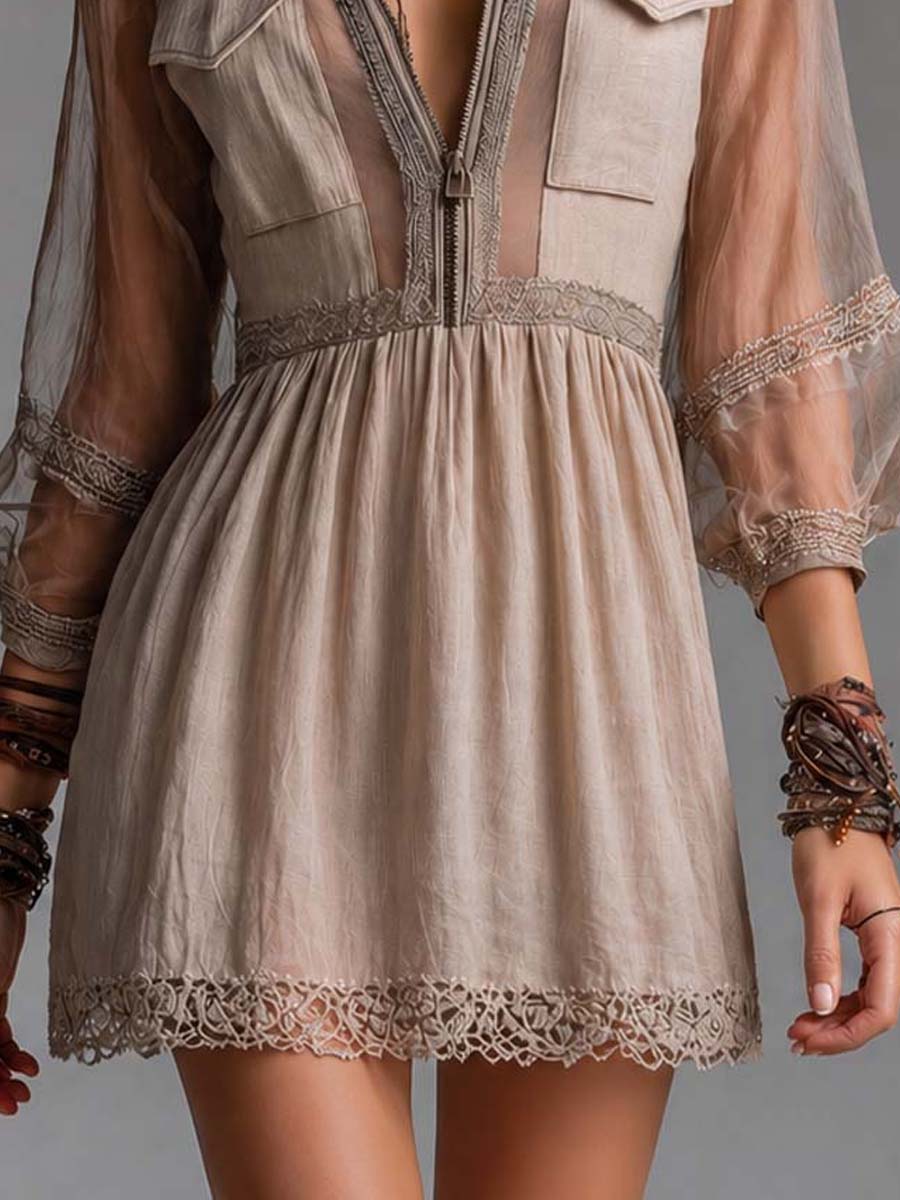 Bohemian Cotton Linen And Mesh Lace Mini Dress