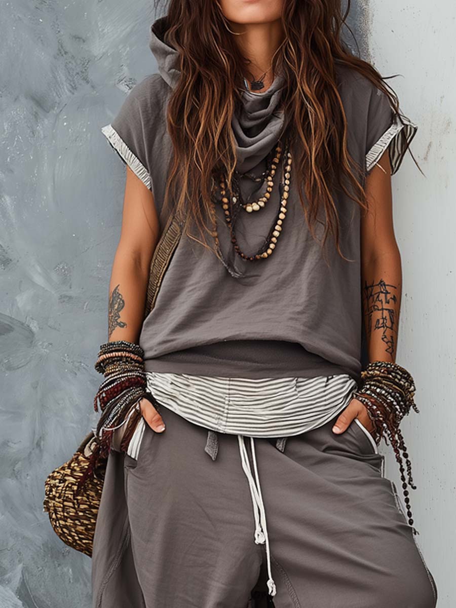 Retro Contrast-Trim Washed Cotton Set