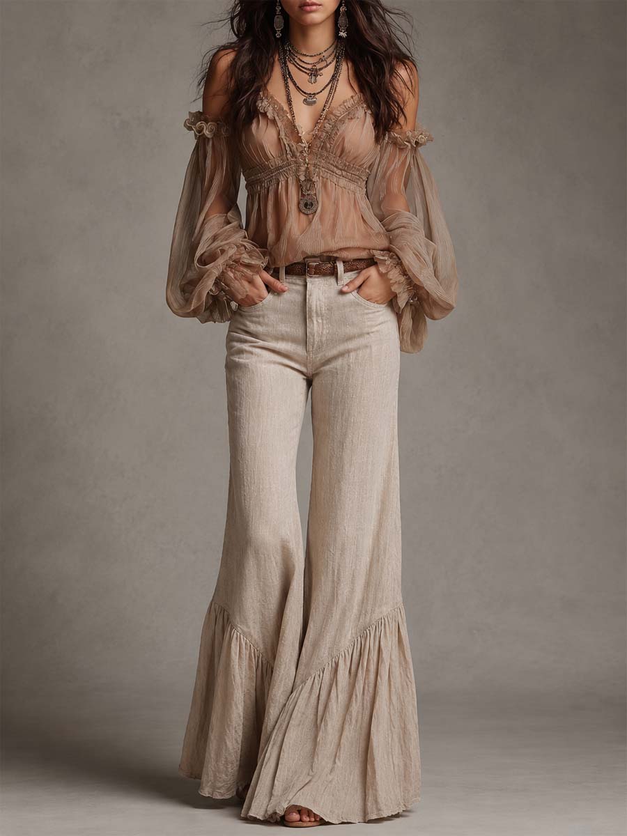 Bohemian Sheer Chiffon Off-Shoulder Top And Linen-Blend Flare Pants Set