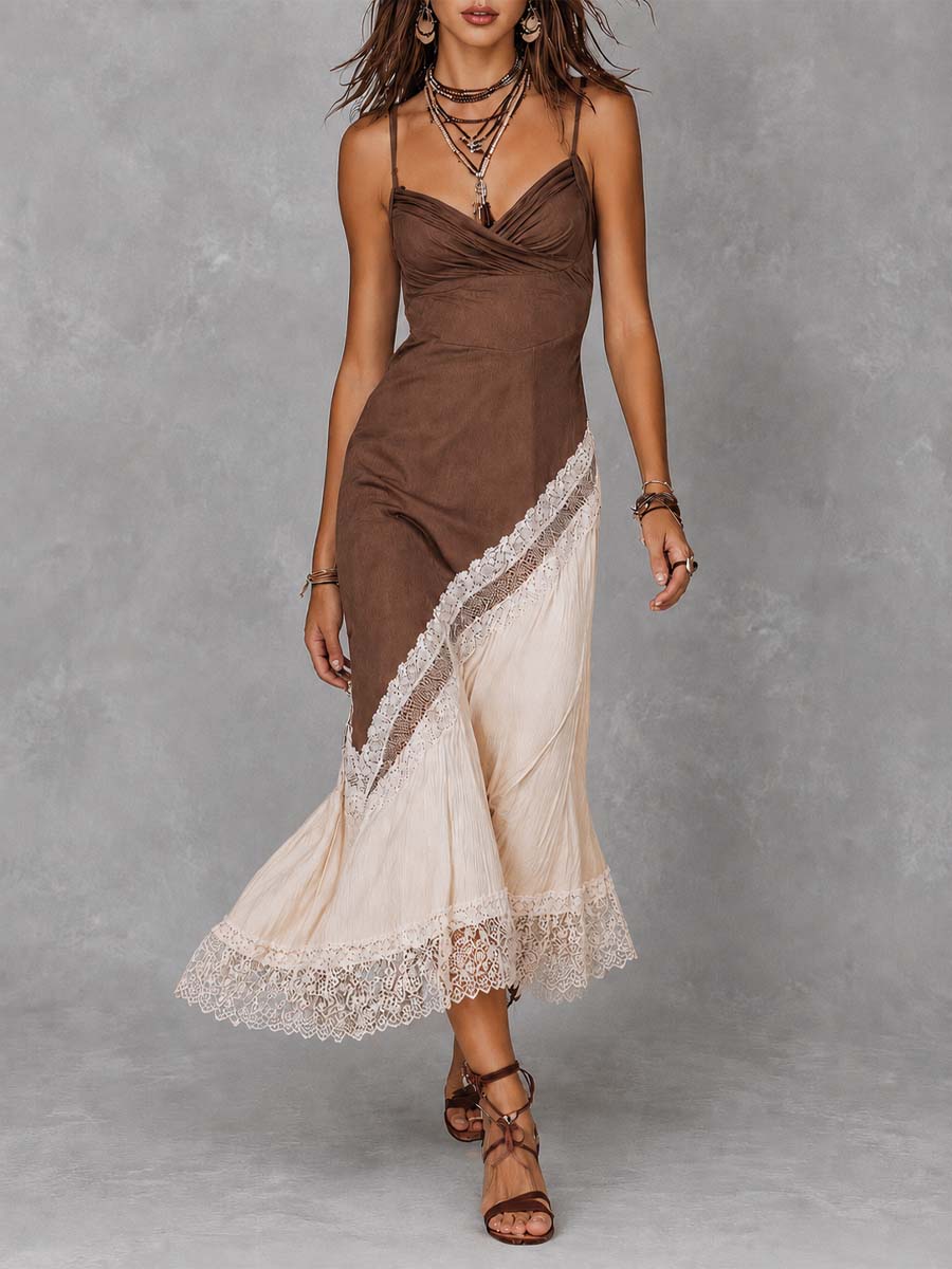 Bohemian Two-Tone Cotton-Linen Lace Trim Midi Dress
