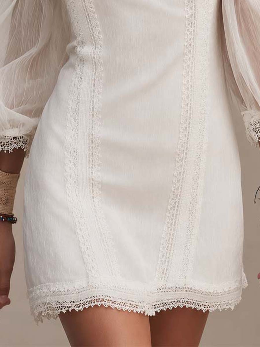 Bohemian White Lace Trim Cotton Mini Dress