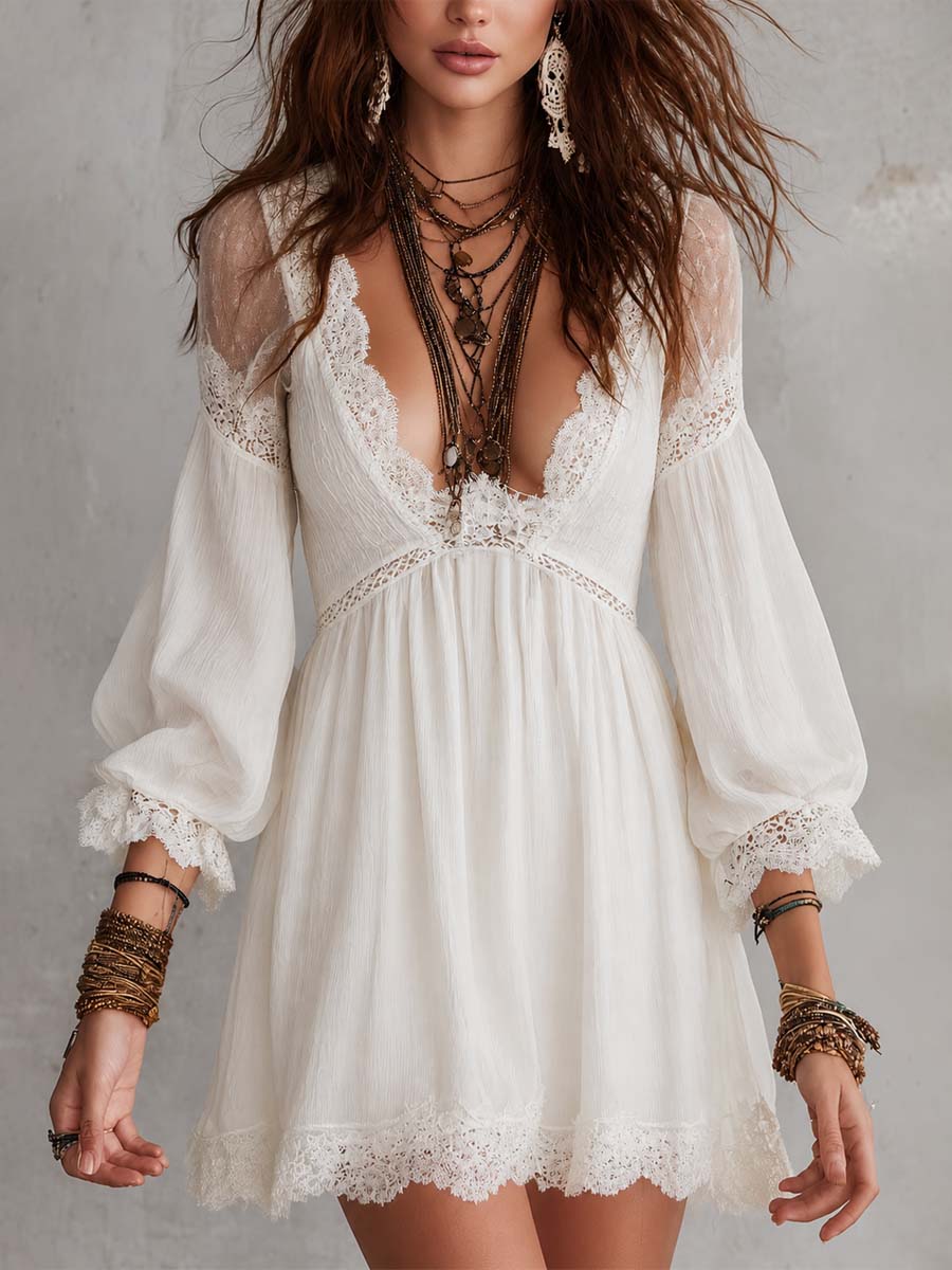 Bohemian White Cotton Lace Trim Mini Dress