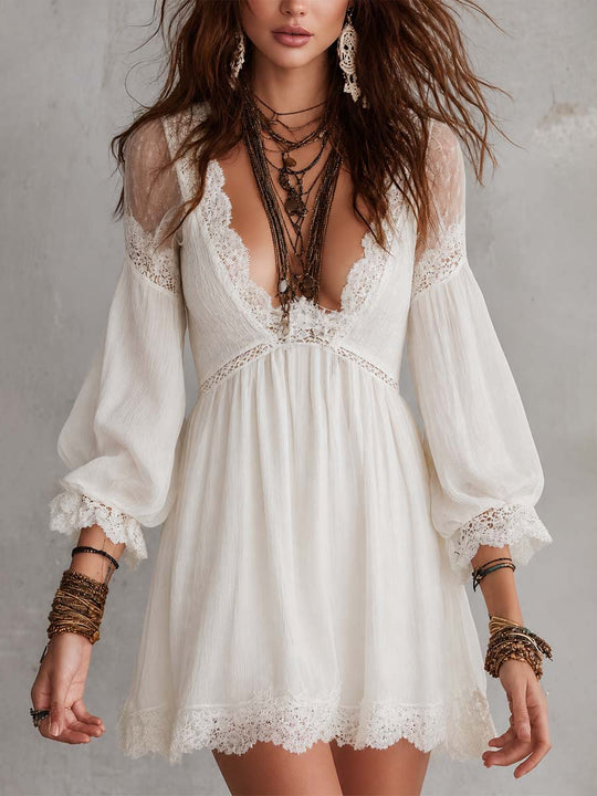 Bohemian White Cotton Lace Trim Mini Dress