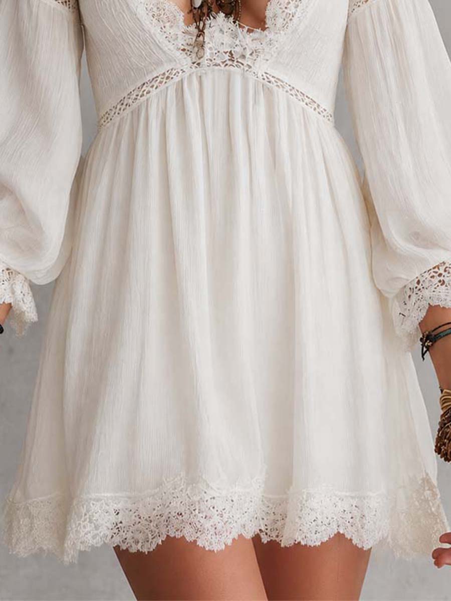 Bohemian White Cotton Lace Trim Mini Dress