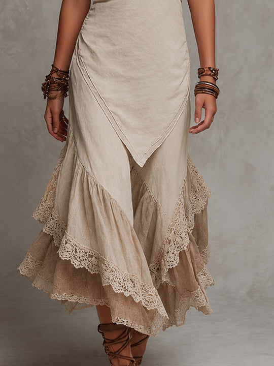 Bohemian Beige Cotton-Linen Lace Trim Midi Dress